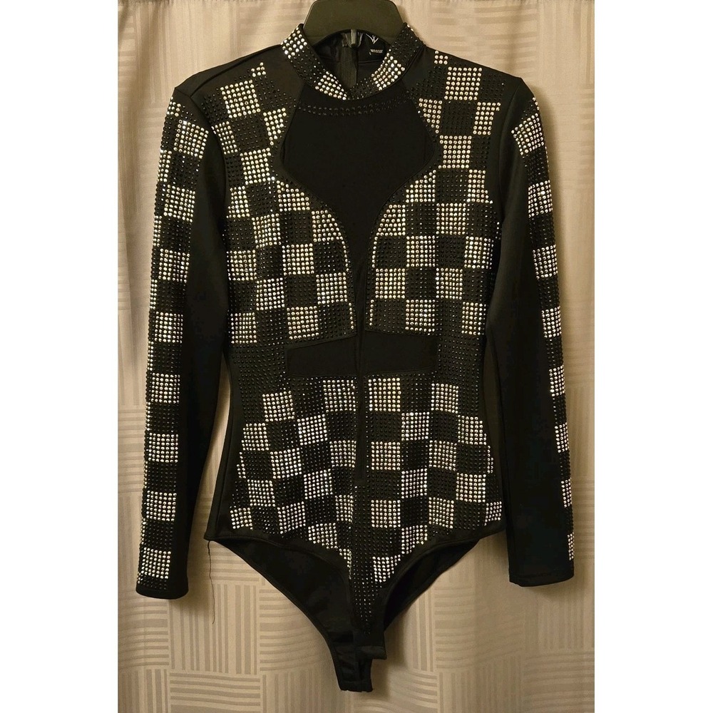 Black Rhinestone Checkered Long-Sleeve Bodysuit - Picture 2 of 11